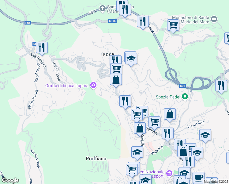 map of restaurants, bars, coffee shops, grocery stores, and more near 285 Via Genova in La Spezia