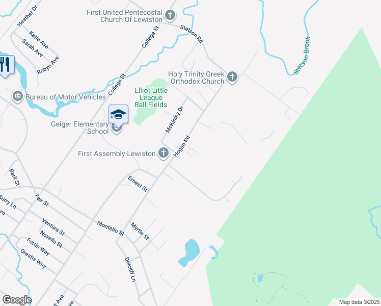 map of restaurants, bars, coffee shops, grocery stores, and more near 89 Hogan Road in Lewiston