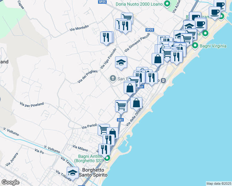 map of restaurants, bars, coffee shops, grocery stores, and more near 13 Via Ruggero Leoncavallo in Loano