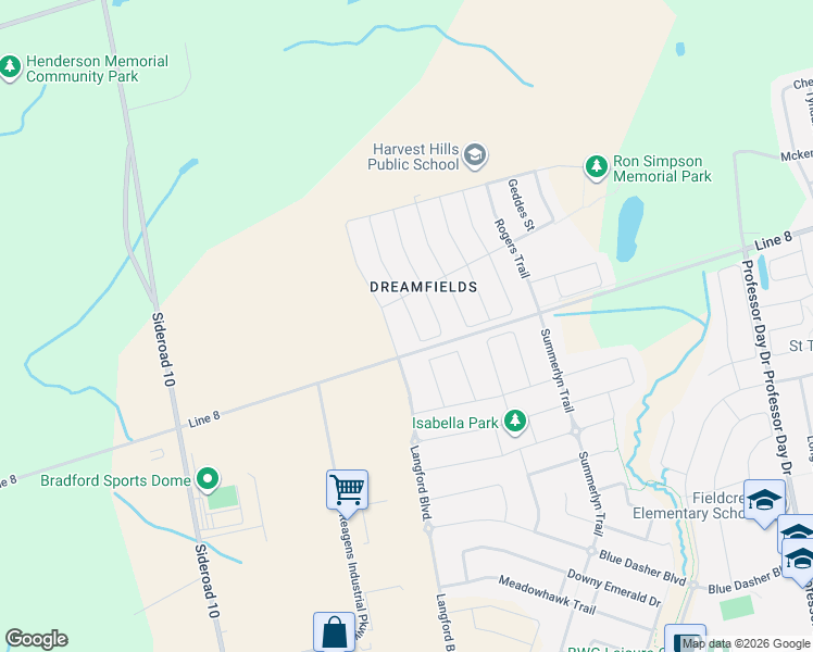 map of restaurants, bars, coffee shops, grocery stores, and more near 95 Selby Cresent in Bradford West Gwillimbury