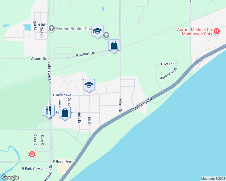 map of restaurants, bars, coffee shops, grocery stores, and more near 1214 East Cedar Avenue in Manitowoc