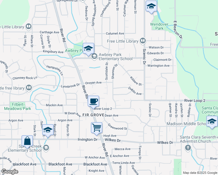 map of restaurants, bars, coffee shops, grocery stores, and more near 4077 Scottdale Street in Eugene