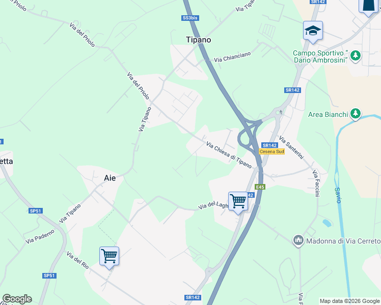 map of restaurants, bars, coffee shops, grocery stores, and more near 460 Via Chiesa di Tipano in Cesena