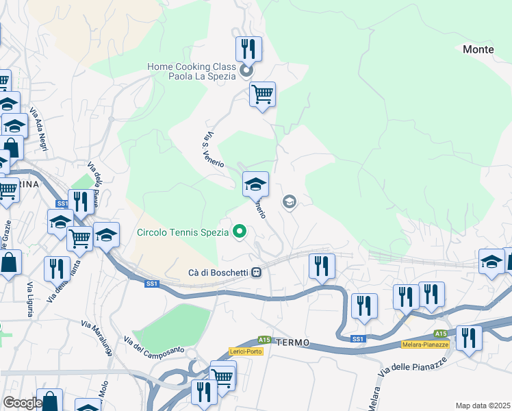 map of restaurants, bars, coffee shops, grocery stores, and more near 63 Via San Venerio in La Spezia