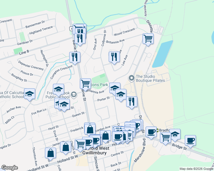 map of restaurants, bars, coffee shops, grocery stores, and more near 216 Colborne Street in Bradford West Gwillimbury