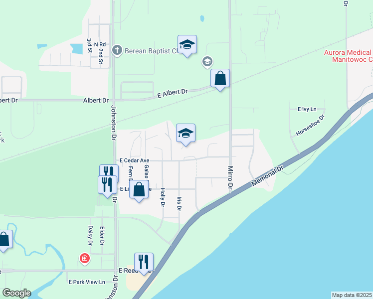 map of restaurants, bars, coffee shops, grocery stores, and more near 1002 East Cedar Avenue in Manitowoc