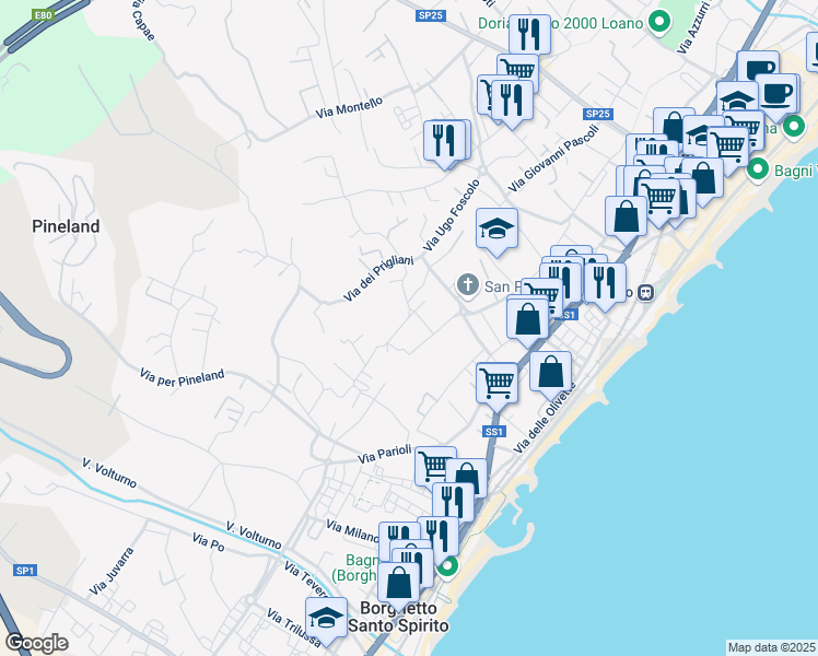 map of restaurants, bars, coffee shops, grocery stores, and more near 20 Via Como in Loano