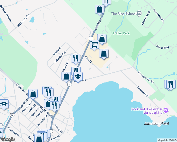 map of restaurants, bars, coffee shops, grocery stores, and more near 18 Breakwater Drive in Rockland