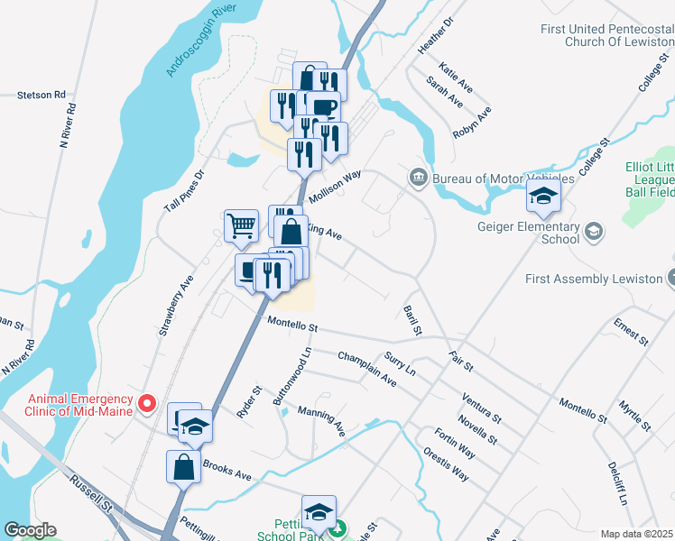 map of restaurants, bars, coffee shops, grocery stores, and more near 11 Elliott Avenue in Lewiston