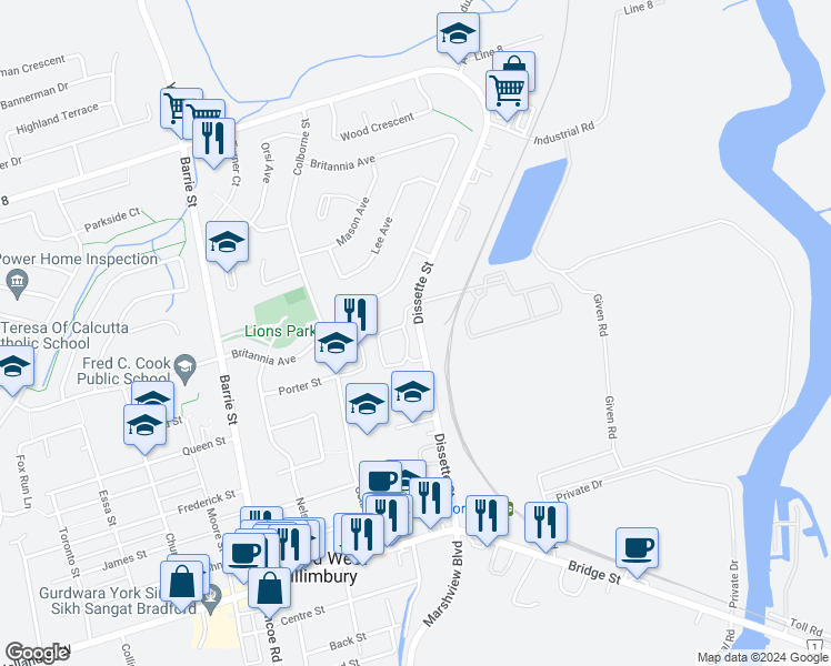 map of restaurants, bars, coffee shops, grocery stores, and more near 215 Dissette Street in Bradford West Gwillimbury