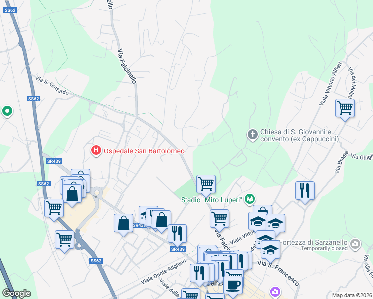 map of restaurants, bars, coffee shops, grocery stores, and more near 36 Via Triboli in Sarzana