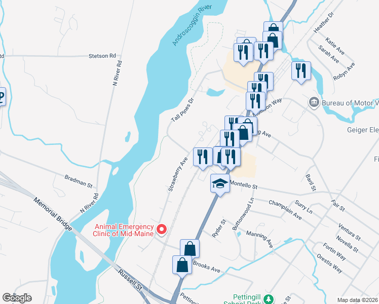 map of restaurants, bars, coffee shops, grocery stores, and more near 85 Strawberry Avenue in Lewiston