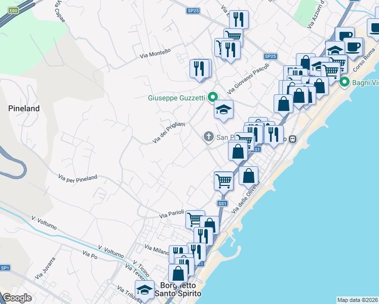 map of restaurants, bars, coffee shops, grocery stores, and more near 20 Via Como in Loano