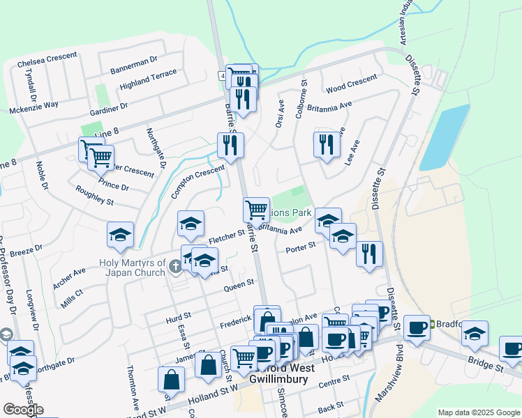 map of restaurants, bars, coffee shops, grocery stores, and more near in Bradford West Gwillimbury