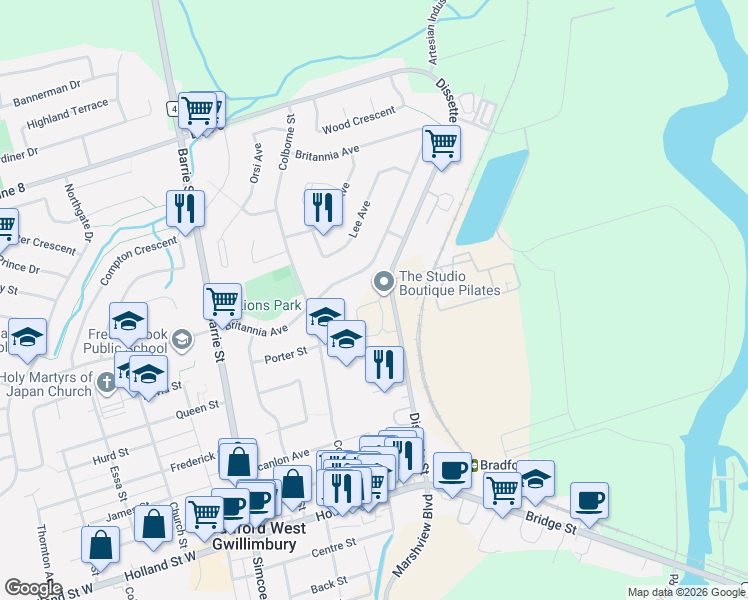 map of restaurants, bars, coffee shops, grocery stores, and more near 220 Dissette Street in Bradford West Gwillimbury