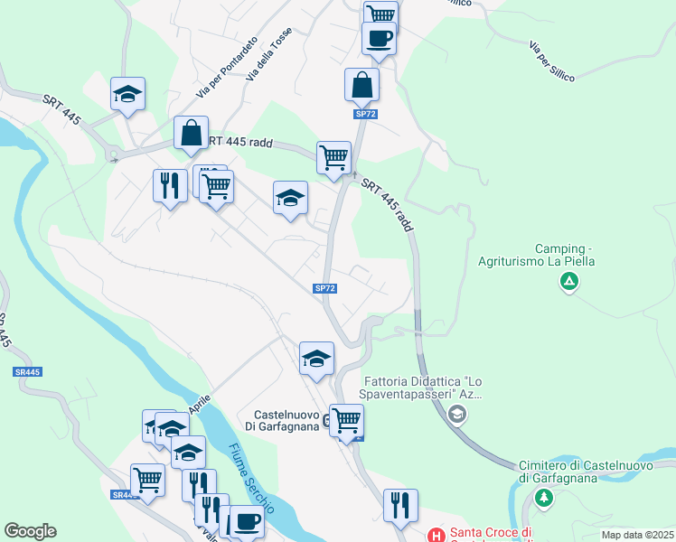 map of restaurants, bars, coffee shops, grocery stores, and more near Via del Passo delle Radici in Castelnuovo di Garfagnana