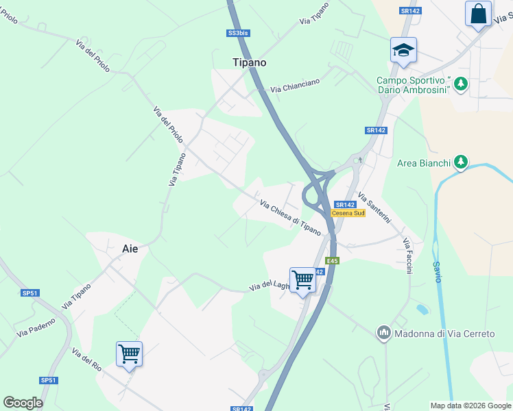 map of restaurants, bars, coffee shops, grocery stores, and more near 460 Via Chiesa di Tipano in Cesena