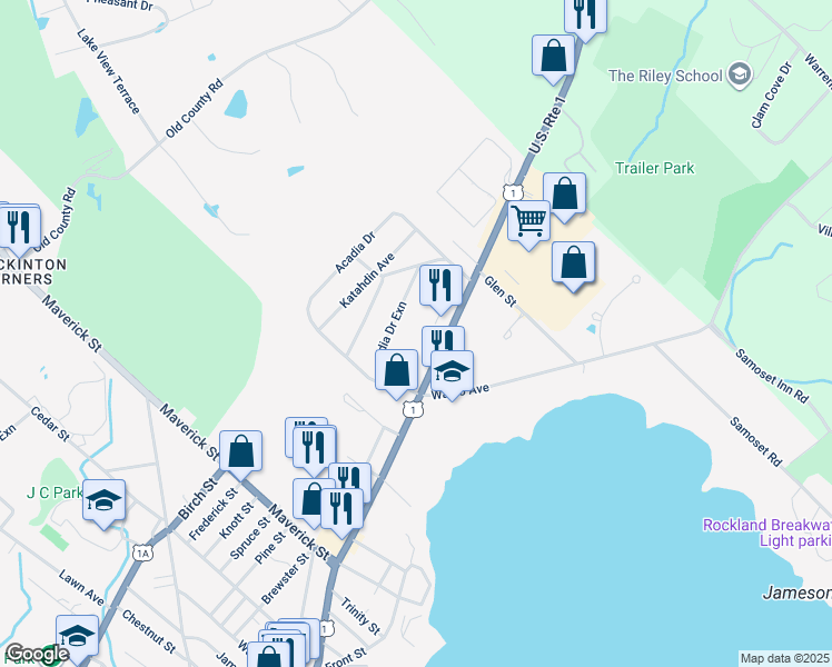 map of restaurants, bars, coffee shops, grocery stores, and more near 168 Camden Street in Rockland