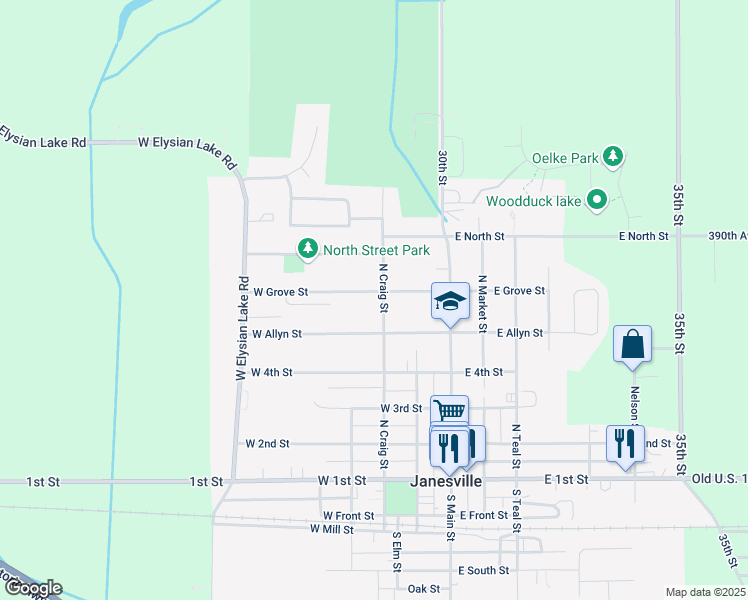 map of restaurants, bars, coffee shops, grocery stores, and more near 308 West Allyn Street in Janesville