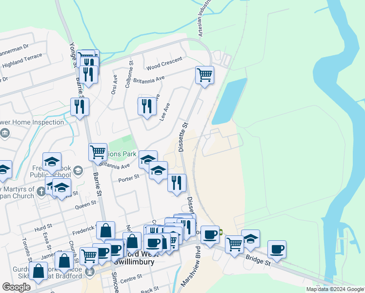 map of restaurants, bars, coffee shops, grocery stores, and more near 215 Dissette Street in Bradford West Gwillimbury