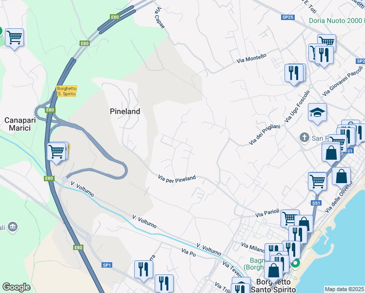 map of restaurants, bars, coffee shops, grocery stores, and more near 28 Via Cianastri in Borghetto Santo Spirito