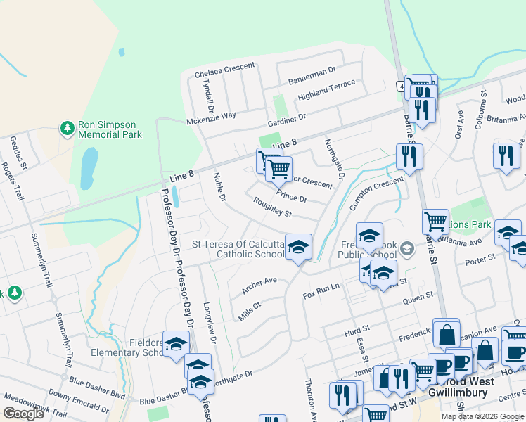 map of restaurants, bars, coffee shops, grocery stores, and more near 45 Roughley Street in Bradford West Gwillimbury