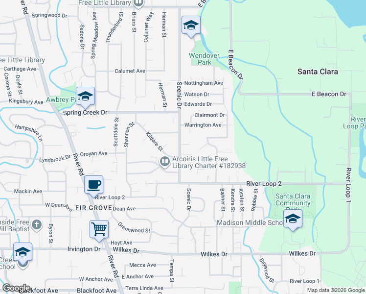 map of restaurants, bars, coffee shops, grocery stores, and more near 4127 Scenic Drive in Eugene