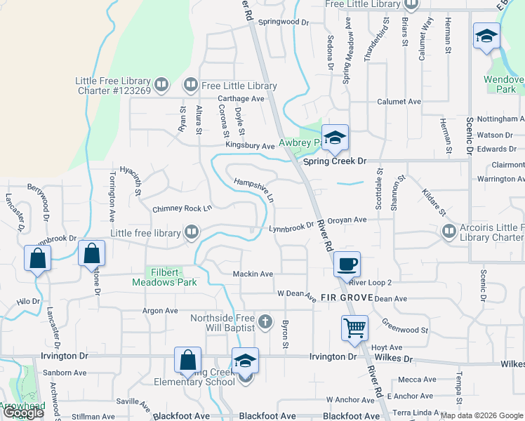 map of restaurants, bars, coffee shops, grocery stores, and more near 95 Bradford Court in Eugene