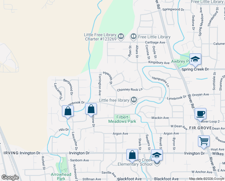 map of restaurants, bars, coffee shops, grocery stores, and more near 4219 Silverado Trail in Eugene