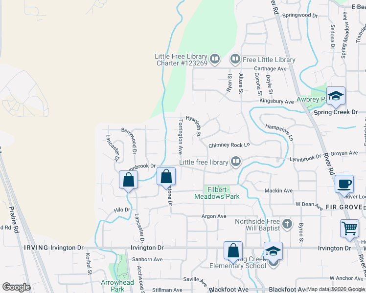 map of restaurants, bars, coffee shops, grocery stores, and more near 4148 Field Stone Court in Eugene