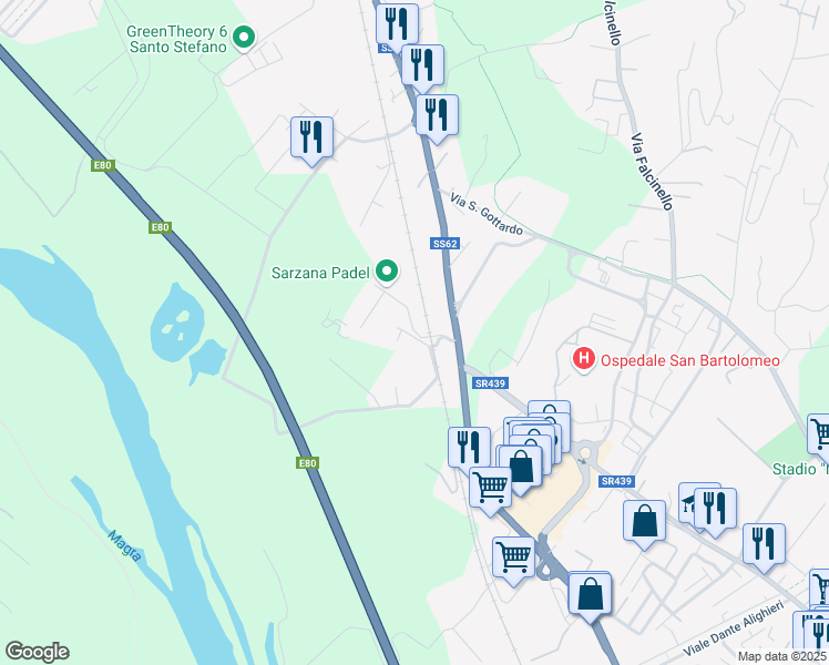 map of restaurants, bars, coffee shops, grocery stores, and more near Strada Statale 62 in Provincia della Spezia