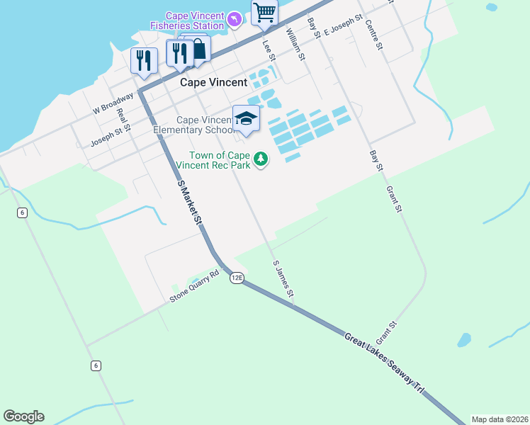 map of restaurants, bars, coffee shops, grocery stores, and more near 2137 South James Street in Cape Vincent