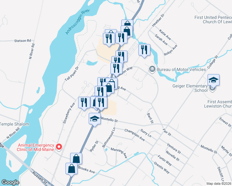 map of restaurants, bars, coffee shops, grocery stores, and more near 709 Main Street in Lewiston