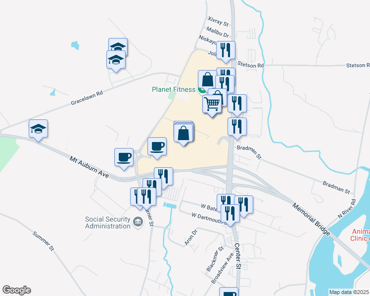 map of restaurants, bars, coffee shops, grocery stores, and more near 550 Center Street in Auburn