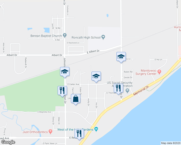 map of restaurants, bars, coffee shops, grocery stores, and more near 910 East Cedar Avenue in Manitowoc