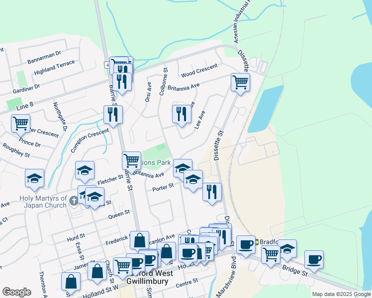 map of restaurants, bars, coffee shops, grocery stores, and more near 155 Britannia Avenue in Bradford West Gwillimbury