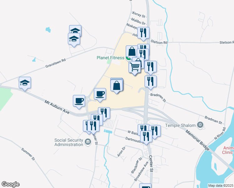 map of restaurants, bars, coffee shops, grocery stores, and more near 550 Center Street in Auburn