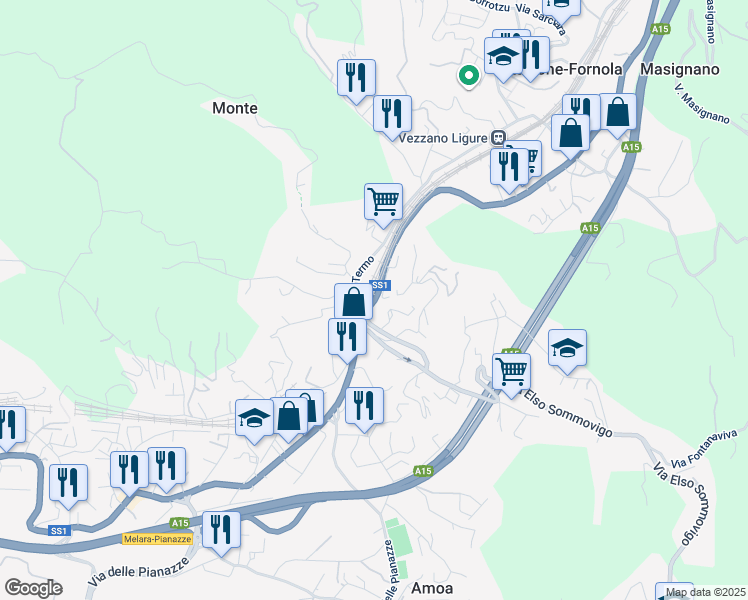 map of restaurants, bars, coffee shops, grocery stores, and more near 115 Via Sarzana in Stazione-fornola