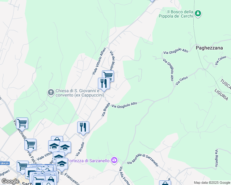 map of restaurants, bars, coffee shops, grocery stores, and more near 136 Via dei Molini in Sarzana