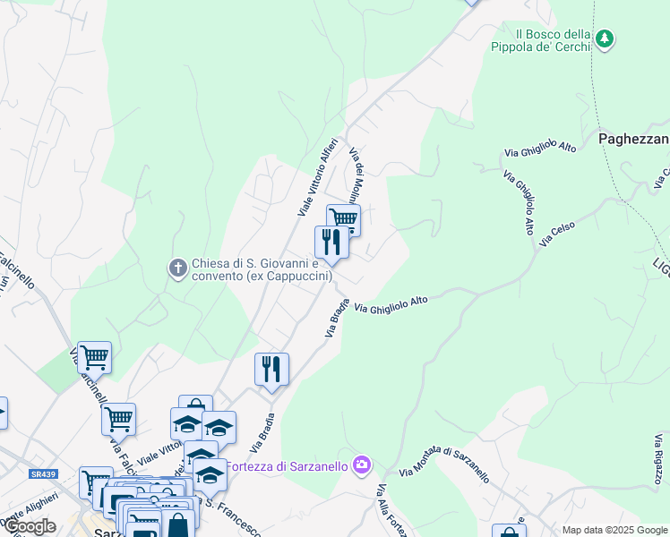 map of restaurants, bars, coffee shops, grocery stores, and more near 327 Via dei Molini in Sarzana