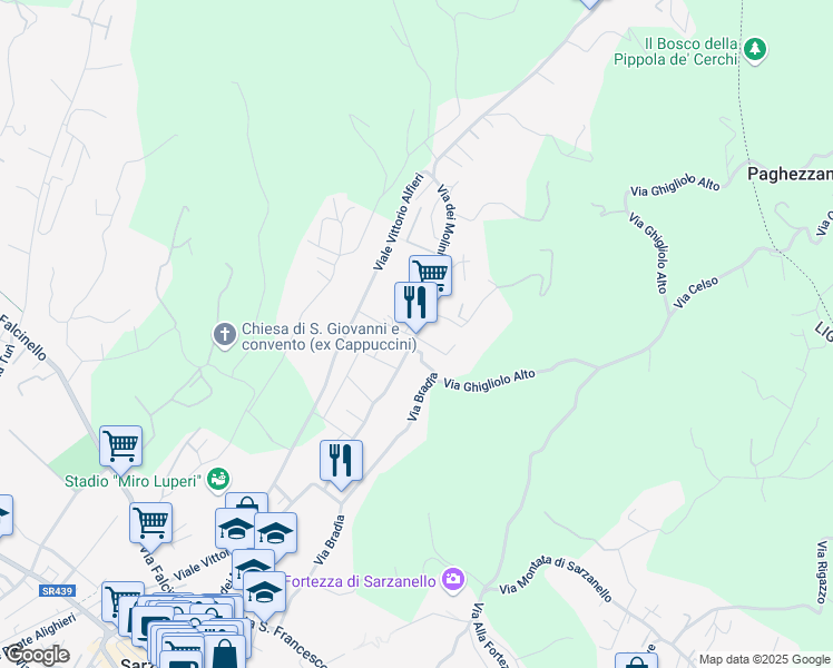 map of restaurants, bars, coffee shops, grocery stores, and more near 327 Via dei Molini in Sarzana