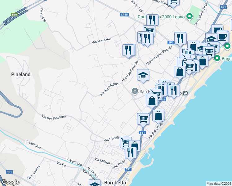 map of restaurants, bars, coffee shops, grocery stores, and more near 4 Via Mantova in Loano