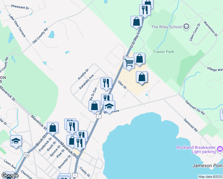 map of restaurants, bars, coffee shops, grocery stores, and more near 202 Camden Street in Rockland