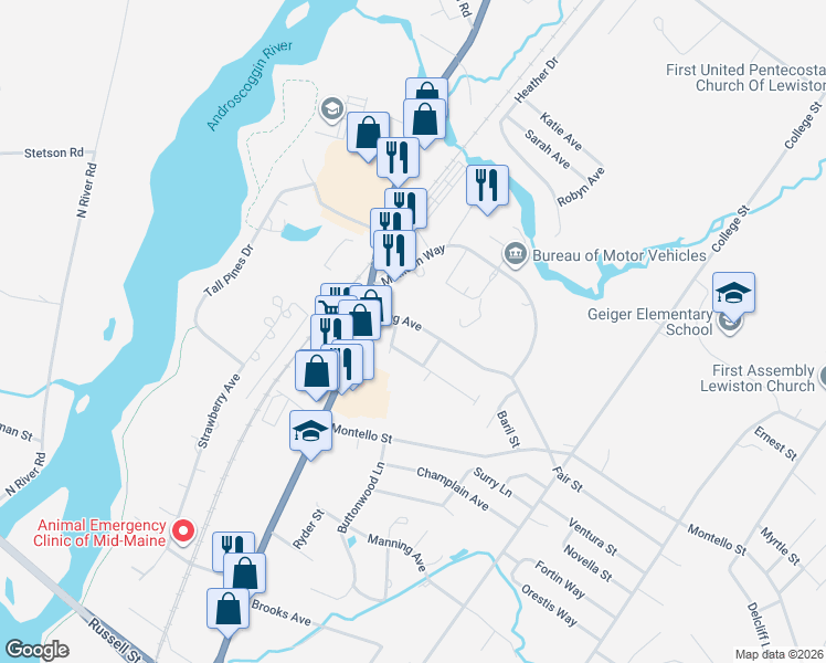 map of restaurants, bars, coffee shops, grocery stores, and more near 39 King Avenue in Lewiston