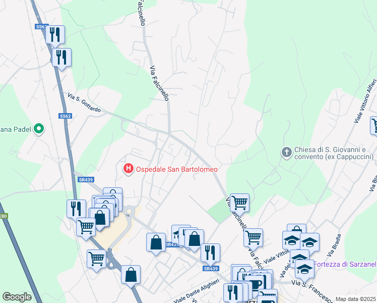 map of restaurants, bars, coffee shops, grocery stores, and more near 79 Via Falcinello in Sarzana