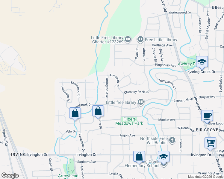 map of restaurants, bars, coffee shops, grocery stores, and more near 4148 Field Stone Ct in Eugene