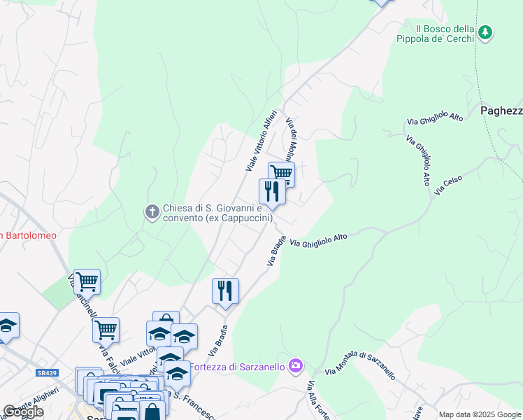 map of restaurants, bars, coffee shops, grocery stores, and more near 315 Via dei Molini in Sarzana