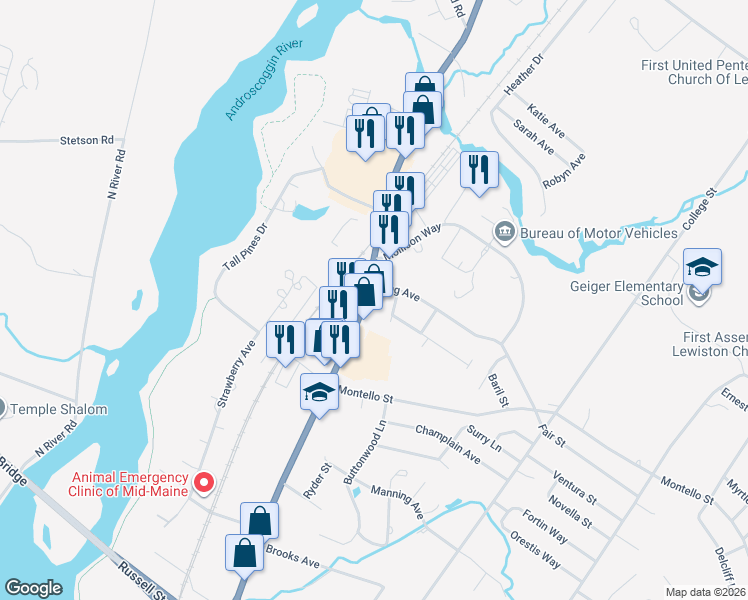 map of restaurants, bars, coffee shops, grocery stores, and more near 709 Main Street in Lewiston
