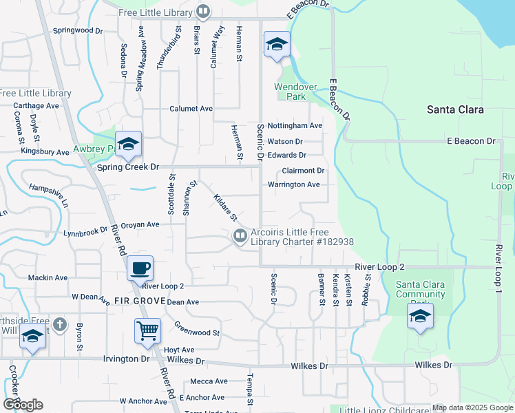map of restaurants, bars, coffee shops, grocery stores, and more near 4160 Scenic Drive in Eugene