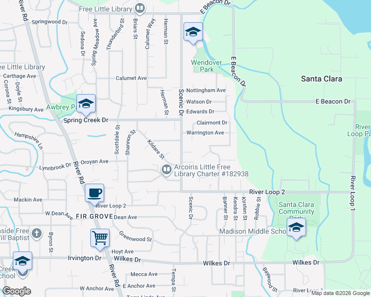 map of restaurants, bars, coffee shops, grocery stores, and more near 4127 Scenic Drive in Eugene